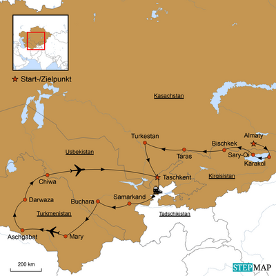 Reiseroute, Unvergessene Städte, Zentralasien Rundreise