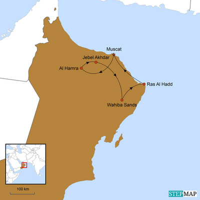 Karte, Reiseverlauf Orientalisch, Verfuehrerisch, Unvergesslich, Oman Rundreise
