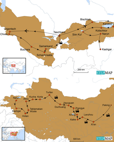 Karte mit Reiseroute zur Reise durch Usbekistan, Kirgistan und China, Seidenstrasse Reise