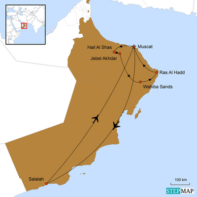 Karte, Reiseverlauf, Wüste, Oase, und Gebirge, Oman Reiseverlauf