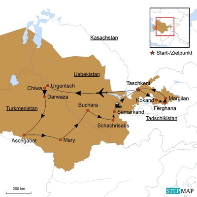 Reiseverlauf, Zentralasien Rundreise, Unterwegs in den Wüstenstaaten, Karte