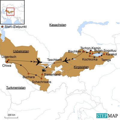Reiseverlauf, Winterreise Kirgistan und Usbekistan, Stepmap