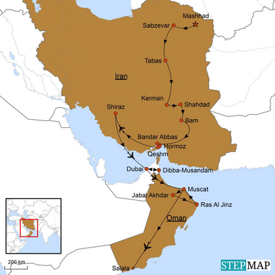 Reiseverlauf, Iran und Oman Rundreise, Seidenstraße Reise, Karte